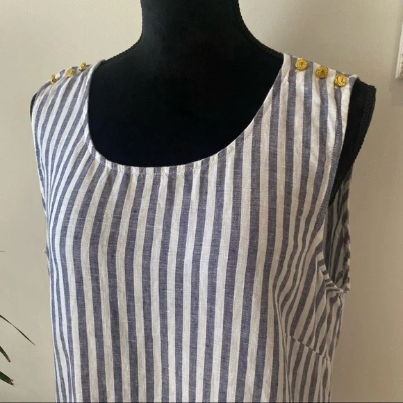 ELLEN TRACY Striped Linen Relaxed Blouse White Blue with Gold Shoulder Detail L - Picture 3 of 13